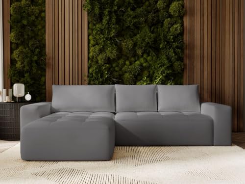 GRAINGOLD Portland Ecksofa mit Schlaffunktion & Bettkasten 250x165 cm, L-Form Sofa mit Stauraum, Schlafcouch für Wohnzimmer, Velour, 3-Sitzer Eckcouch, Modernes Design (Dunkelgrau, Links) von GRAINGOLD