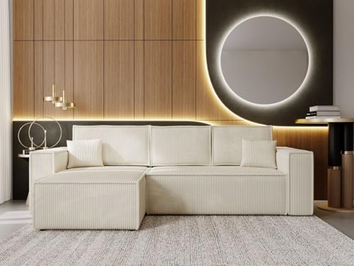 GRAINGOLD Prato Ecksofa mit Schlaffunktion & Bettkasten 280x170 cm, L-Form Sofa mit Stauraum, Schlafcouch für Wohnzimmer, Cord Stoff, 4-Sitzer Eckcouch, Modernes Design (Beige, Links) von GRAINGOLD