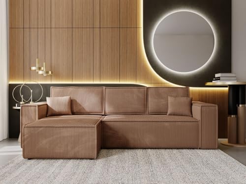 GRAINGOLD Prato Ecksofa mit Schlaffunktion & Bettkasten 280x170 cm, L-Form Sofa mit Stauraum, Schlafcouch für Wohnzimmer, Cord Stoff, 4-Sitzer Eckcouch, Modernes Design (Braun, Links) von GRAINGOLD