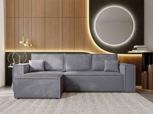 GRAINGOLD Prato Ecksofa mit Schlaffunktion & Bettkasten 280x170 cm, L-Form Sofa mit Stauraum, Schlafcouch für Wohnzimmer, Cord Stoff, 4-Sitzer Eckcouch, Modernes Design (Dunkelgrau, Links) von GRAINGOLD