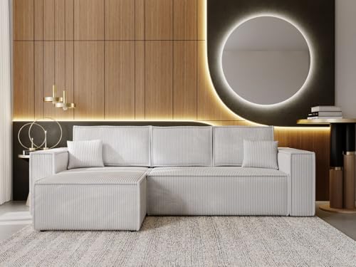GRAINGOLD Prato Ecksofa mit Schlaffunktion & Bettkasten 280x170 cm, L-Form Sofa mit Stauraum, Schlafcouch für Wohnzimmer, Cord Stoff, 4-Sitzer Eckcouch, Modernes Design (Hellgrau, Links) von GRAINGOLD