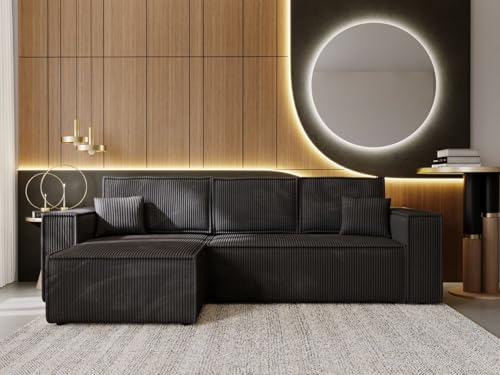 GRAINGOLD Prato Ecksofa mit Schlaffunktion & Bettkasten 280x170 cm, L-Form Sofa mit Stauraum, Schlafcouch für Wohnzimmer, Cord Stoff, 4-Sitzer Eckcouch, Modernes Design (Schwarz, Links) von GRAINGOLD
