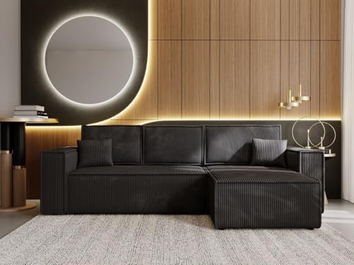 GRAINGOLD Prato Ecksofa mit Schlaffunktion & Bettkasten 280x170 cm, L-Form Sofa mit Stauraum, Schlafcouch für Wohnzimmer, Cord Stoff, 4-Sitzer Eckcouch, Modernes Design (Schwarz, Rechts) von GRAINGOLD
