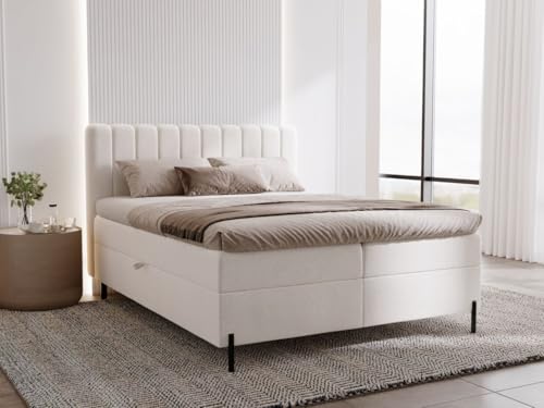 GRAINGOLD Primavera Bett 180x200, Boxspringbett mit Bettkasten, Polsterbett mit Bonell-Matratze, Samt Stoff, mit Topper, mit Kopfteil (Creme, 180x200) von GRAINGOLD