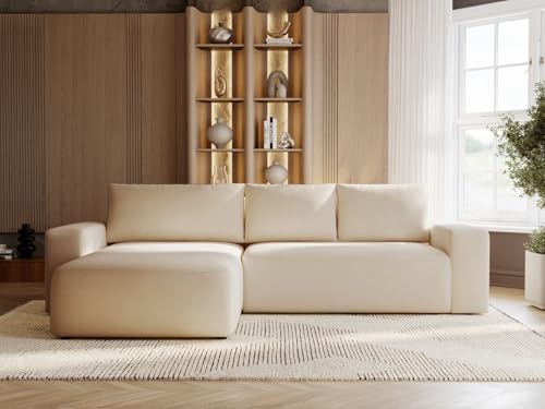 GRAINGOLD Tazones Ecksofa mit Schlaffunktion & Bettkasten 250x165 cm, L-Form Sofa mit Stauraum, Schlafcouch für Wohnzimmer, Velour, 3-Sitzer Eckcouch, Modernes Design (Beige, Links) von GRAINGOLD