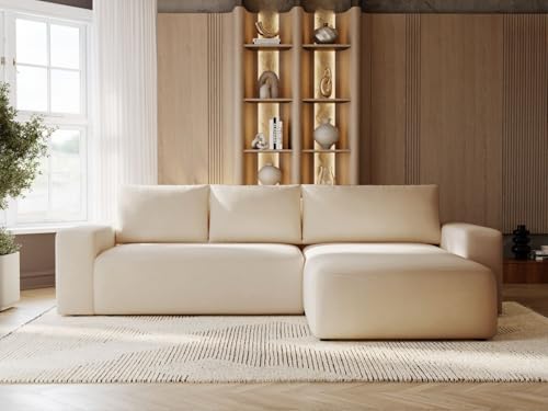 GRAINGOLD Tazones Ecksofa mit Schlaffunktion & Bettkasten 250x165 cm, L-Form Sofa mit Stauraum, Schlafcouch für Wohnzimmer, Velour, 3-Sitzer Eckcouch, Modernes Design (Beige, Rechts) von GRAINGOLD