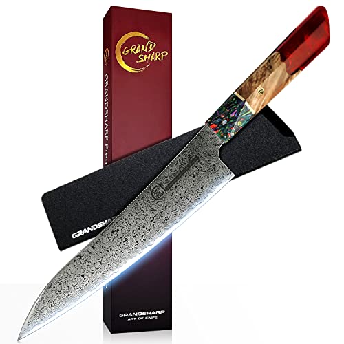 GRAND SHARP Damastmesser Kochmesser 22cm Profi Messer Extra Scharfe Japanisches Messer VG-10 67 Schichten Damaststahl Küchenmesser mit Harzgriff [Geschenkbox] von GRAND SHARP