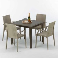Poly Rattan Tisch Quadratisch mit 4 Bunten Stühlen 90x90 Braun Brown Passion von GRAND SOLEIL