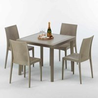 Polyrattan Tisch Quadratisch mit 4 Bunten Stühlen 90x90 Beige Elegance von GRAND SOLEIL