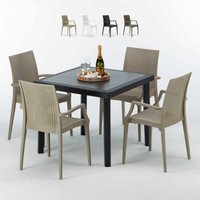 Schwarz Quadratisch Tisch und 4 Stühle Farbiges Polypropylen-Außenmastenset Grand Soleil Arm Bistrot Passion - Beige von GRAND SOLEIL