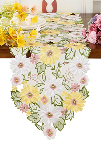 Bestickter Tischläufer mit Blumenapplikation, Gänseblümchen, bestickt, Tischwäsche, Heimküche, Esstisch, Dekoration (gelber Läufer, 33 x 89 cm) von GRANDDECO