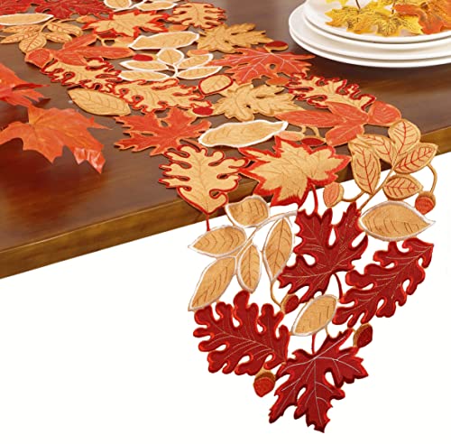 GRANDDECO Tischläufer 33 x 210.8 cm, bestickte Ahornblätter für Thanksgiving, Familienessen, Partys im Innen- oder Außenbereich, Dekoration für Zuhause, Weihnachten und Versammlungen, Orange und Rot von GRANDDECO