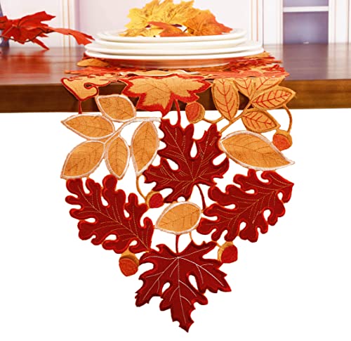 Tischläufer mit Ernteapplikation, bestickt, Ahornblätter, Kommode, Schal, Tischdekoration für Thanksgiving, Zuhause, Urlaub, Party, Dekoration, orange/rot (Läufer 33 x 88,9 cm, orangerot) von GRANDDECO