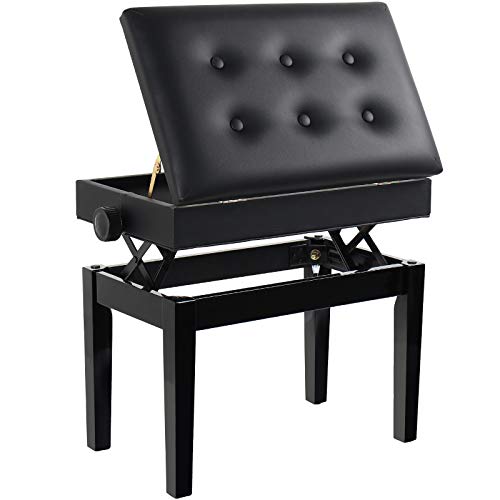 Grandma Shark Klavierbank aus Holz mit Ablagefach, Gepolsterter Sitz aus weichem PU-Leder Taste Schwarz Verstellbare Höhe Einzelsitz von GRANDMA SHARK
