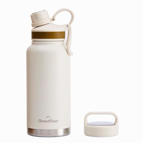 GRANDTIES 946ml Reise Wasserflasche - Wide Mouth Vakuum Isolierte Wasserflasche mit Zwei Stil Deckeln, kälteste Wasserflasche für Männer, Hydroflaschen für Frauen - Elfenbein Weiß von GRANDTIES