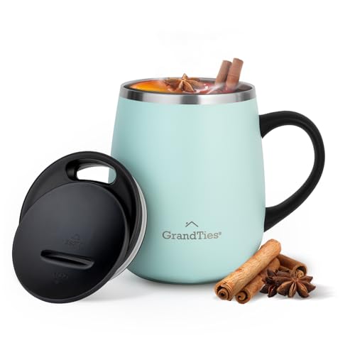 GRANDTIES Insulated Coffee Mug with Handle, Sliding Lid for Splash-Proof 16 oz Wine Glass Shape Thermal Tumbler with Double Walled Vacuum Stainless Steel to Keep Beverages Hot or Cold- Powder Green von GRANDTIES