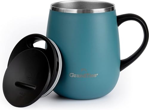 GRANDTIES Insulated Coffee Mug with Handle- Sliding Lid for Splash-Proof 16 oz Wine-Glass Shape Thermal Tumbler with Double Walled Vacuum Stainless Steel to Keeps Beverages Hot or Cold-Atlantis Blue von GRANDTIES