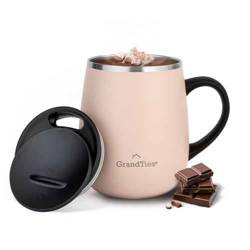 GRANDTIES Insulated Coffee Mug with Handle, Sliding Lid for Splash-Proof 16 oz Wine Glass Shape Thermal Tumbler with Double Walled Vacuum Stainless Steel to Keep Beverages Hot or Cold- Peach Crème von GRANDTIES