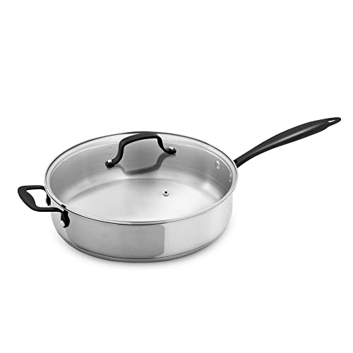 GrandTies Tri-Ply Edelstahl Sautepfanne Induktion Kochgeschirr - 5 QT 12 Zoll Kapselboden Edelstahlpfanne, Marquina schwarzer Metallgriff Küche Kochpfanne mit Deckel, spülmaschinenfester Topf & Pfanne von GRANDTIES