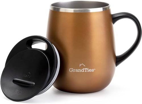 Grandties Isolierter Kaffeebecher mit Griff – Schiebedeckel für spritzwassergeschützte 460 ml-Form Thermosbecher mit doppelwandigem Vakuum-Edelstahl, hält Getränke heiß & kalt – Cognac Metallic von GRANDTIES