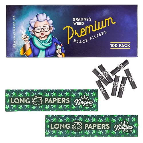 Granny's® Slim Aktivkohlefilter Set 100 Stück & Long Papers 2 Stück | Ø 5.9 mm Filtertips | 108 x 45 mm organic Hanf King Size Long Papers | Kohlefilter für Selbstdreher (100 Filter Black + 2 Papers) von GRANNY'S WEED