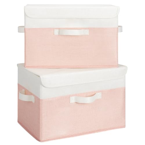 GRANNY SAYS Aufbewahrungsbox Stoff mit Deckel, 2 Stück Kisten Aufbewahrung mit Deckel, Faltbare Ordnungsboxen, Aufbewahrungskörbe für Kleidung, weiß-rosa Faltboxen mit Deckel für Kleiderschrank von GRANNY SAYS