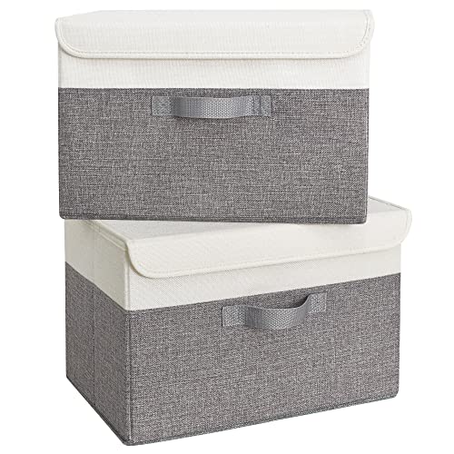 GRANNY SAYS Aufbewahrungsboxen mit Deckel, 2 Stück Kisten Aufbewahrung, Faltbare Aufbewahrungsbox mit Deckel Stoff, Aufbewahrungskörbe für Kleidung, weiß-grau Faltboxen mit Deckel für Kleiderschrank von GRANNY SAYS