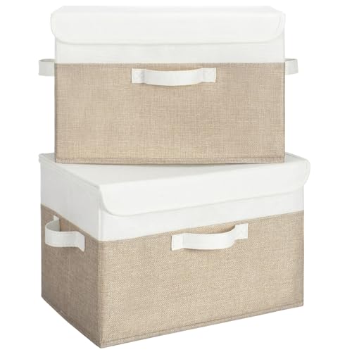 GRANNY SAYS Aufbewahrungsboxen mit Deckel, 2 Stück Kisten Aufbewahrung Stoff, Faltbare Organizer Box mit Deckel, Aufbewahrungskörbe für Kleidung, weiß-braun Faltboxen mit Deckel für Kleiderschrank von GRANNY SAYS