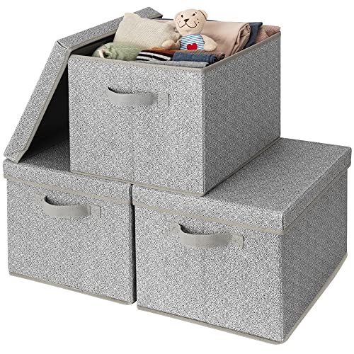 GRANNY SAYS Aufbewahrungsboxen mit Deckel Stoff, 3 Stück Kisten Aufbewahrung mit Deckel für Schrank, Grau Boxen mit Deckel Aufbewahrung, Faltbare Aufbewahrungskorb mit Deckel, Storage Boxes with Lids von GRANNY SAYS