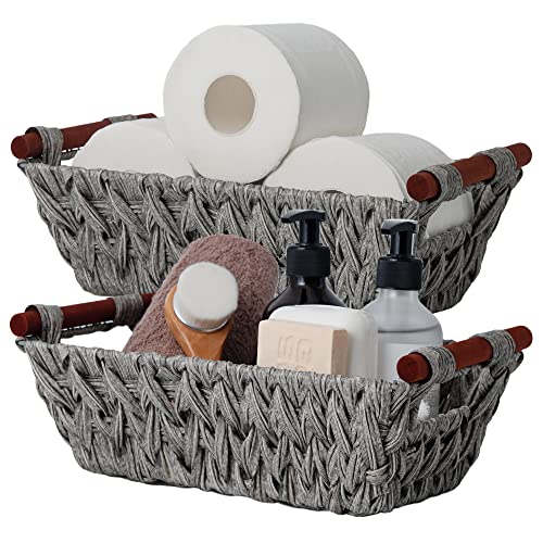 GRANNY SAYS Aufbewahrungskörbe für Regale, 2 Stück Körbe Aufbewahrung Geflochten, Regalkörbe mit Holzgriffen Aufbewahrung Badezimmer, Körbe Handgeflochtene, Wicker Storage Baskets for Shelf - Grau von GRANNY SAYS