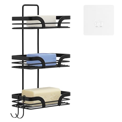 GRANNY SAYS Seifenhalter ohne Bohren, Wandseifenschale mit 3 Ebenen, Seifenablage ohne Bohren mit 2 Haken, schwarz Seifenschale Dusche, Seifenablage Dusche, Seifen Halter für Bad, Soap Holder Shower von GRANNY SAYS