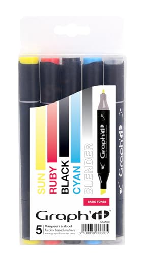 GRAPH'IT - Set mit 5 Alkoholmarkern mit doppelter Spitze: fein und abgeschrägt – Manga-Zeichnung und Illustration – Profi und Anfänger – Farbe: Basic Tones Serie von GRAPH'IT