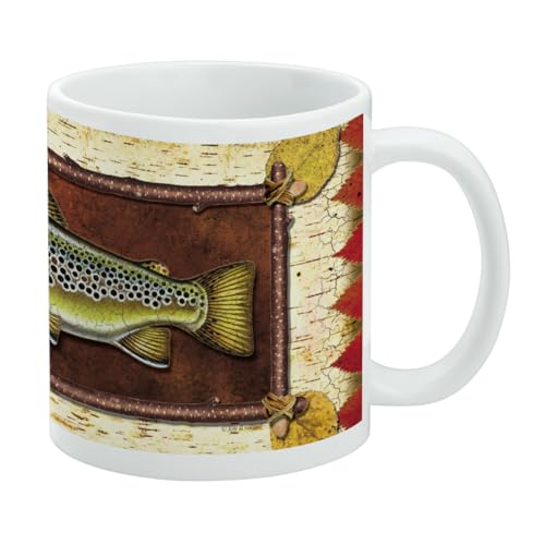 Keramik-Kaffeetasse mit braunem Forellenangel-Profil, Geschenkidee für Kaffee, Tee und heiße Getränke, 325 ml, Weiß von GRAPHICS & MORE