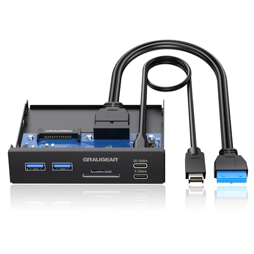 GRAUGEAR 6-Schnittstellen USB-C [20 Gbit/s] Frontpanel in 3,5 Zoll mit 1x USB 3.2 Gen2x2 Type-C 20 Gbps & 2X USB-A, SD & microSD Kartenleser, Metall-PC-Frontblende, Schnelle Datenübertragung von GRAUGEAR