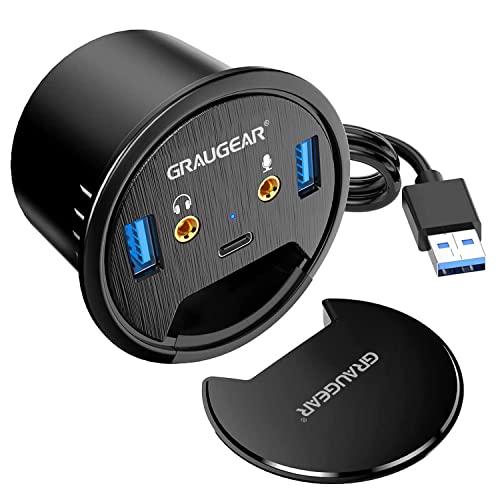 GRAUGEAR Tisch-USB-HUB mit USB 3.0 und USB-C Anschlüssen, 5Gbps Datenübertragung, 150cm Kabellänge, für 60mm Schreibtischbohrungen, inkl. Staubschutz von GRAUGEAR