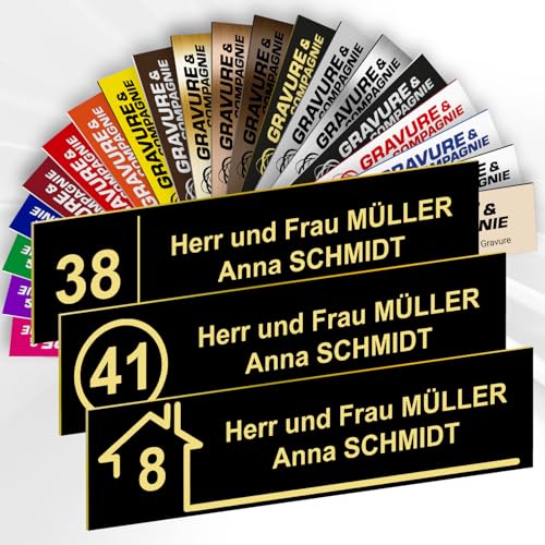 Briefkastenschild mit Nummer – Graviertes PVC Namensschild mit Name und optionaler Nummer – selbstklebend – 10 x 2,5 cm – 1 bis 3 Zeilen (Schwarz mit gelbem Text) von GRAVURE CONCEPT