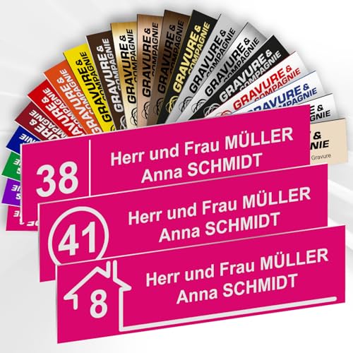 Briefkastenschild mit Nummer – Graviertes PVC Namensschild mit Name und optionaler Nummer – selbstklebend – 10 x 2,5 cm – 1 bis 3 Zeilen (Rosa) von GRAVURE CONCEPT