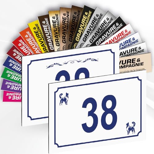 Hausnummer Schild – Dekorative personalisierte PVC Außenplatte mit gravierter Nummer & Motiv – Befestigung nach Wahl (Klebefolie oder Schrauben) – 15 x 10 cm (Weiß mit blauem Text + Design) von GRAVURE CONCEPT