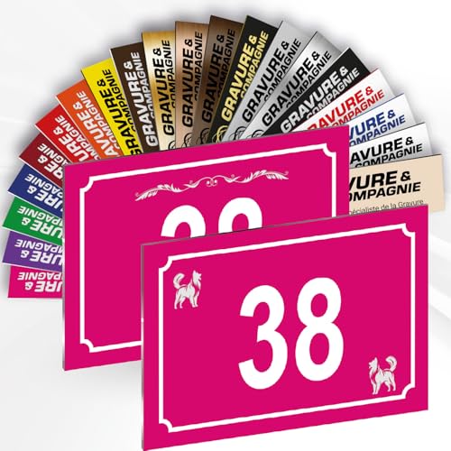 Hausnummer Schild – Dekorative personalisierte PVC Außenplatte mit gravierter Nummer & Logo/Motiv – Befestigung mit Klebefolie, Schrauben oder Abdeckkappen – 15 x 10 cm (Rosa + Design) von GRAVURE CONCEPT