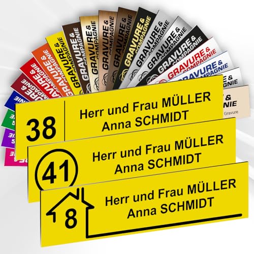 Briefkastenschild mit Nummer – Graviertes PVC Namensschild mit Name und optionaler Nummer – selbstklebend – 10 x 2,5 cm – 1 bis 3 Zeilen (Gelb) von GRAVURE CONCEPT