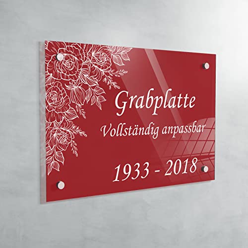 Personalisierte Gedenktafel aus Troglass – Grabplatte für Grabstein oder Urnengrab – Farbe, Motiv und Größe individuell wählbar (Hintergrund Rot - 20 x 30 cm) von GRAVURE CONCEPT