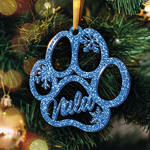 Personalisierte Weihnachtskugel - Lasergeschnittene Weihnachtsornamente mit personalisiertem Namen (Model: Dog Paw, Glitter Bleu/Blau) von GRAVURE CONCEPT