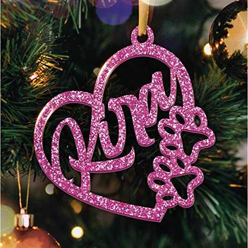 Personalisierte Weihnachtskugel - Lasergeschnittene Weihnachtsornamente mit personalisiertem Namen (Model: Heart & Paws, Glitter Rose/Rosa) von GRAVURE CONCEPT