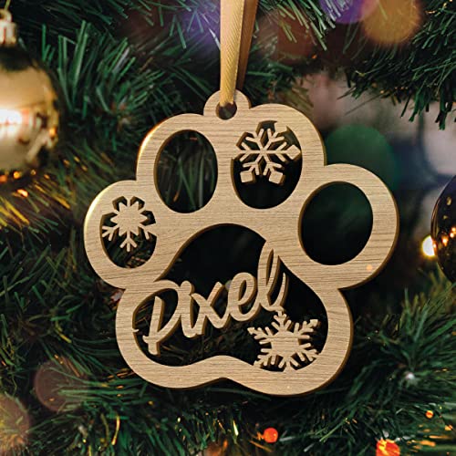 Personalisierte Weihnachtskugel aus Holz - Lasergeschnittene Weihnachtsornamente mit personalisiertem Namen (Model: Cat Paw, Chêne/Eiche) von GRAVURE CONCEPT