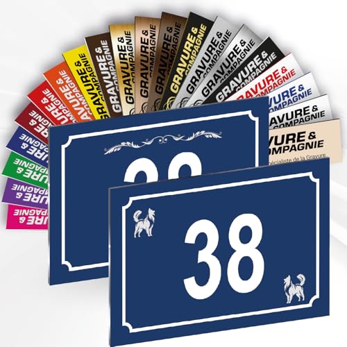Hausnummer Schild – Dekorative personalisierte PVC Außenplatte mit gravierter Nummer & Logo/Motiv – Befestigung mit Klebefolie, Schrauben oder Abdeckkappen – 15 x 10 cm (Blau + Design) von GRAVURE CONCEPT