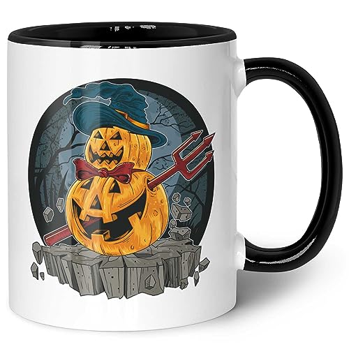 Bedruckte Tasse mit Kürbis Motiv - Pumpkin Design - Schaurige Geschenke zu Halloween - Gruselige Horror Party Dekoration zu Halloween - Geschenk für Sie & Ihn - Farbe: Schwarz & Weiß von GRAVURZEILE