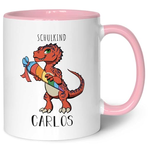 Bedruckte Tasse mit Motiv - Einschulung Dino - Personalisiert mit Name - Geschenk für Kinder zur Einschulung Grundschule Schulanfang - Geschenk für Jungen & Mädchen - Farbe Blau - Schwarz & Weiß von GRAVURZEILE