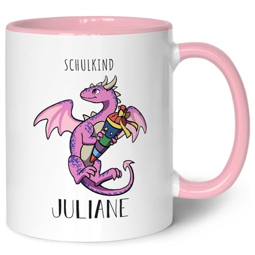 Bedruckte Tasse mit Motiv - Einschulung Drache - Personalisiert mit Name - Geschenk für Kinder zur Einschulung Schulanfang - Geschenk für Jungen & Mädchen - Farbe Grün - Schwarz & Weiß von GRAVURZEILE