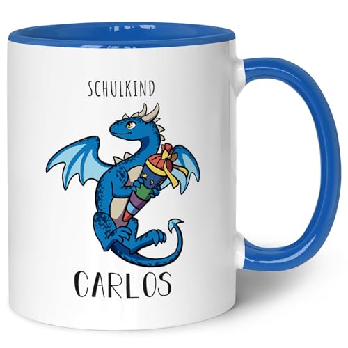 Bedruckte Tasse mit Motiv - Einschulung Drache - Personalisiert mit Name - Geschenk für Kinder zur Einschulung Schulanfang - Geschenk für Jungen & Mädchen - Farbe Grün - Weiß von GRAVURZEILE