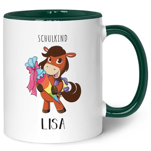 Bedruckte Tasse mit Motiv - Einschulung Pferd - Personalisiert mit Name - Geschenk für Kinder zur Einschulung Schulanfang - Geschenk für Jungen & Mädchen - Farbe Hellbraun - Weiß von GRAVURZEILE